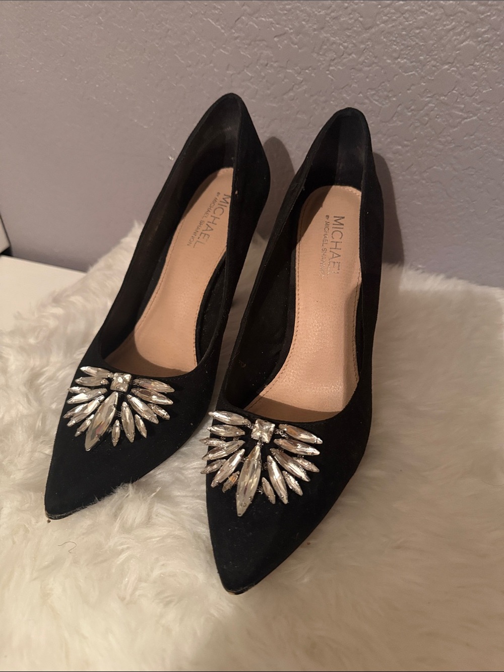 MICHAEL by MICHAEL SHANNON Black Suede Pointed Toe Pumps with Crystal Burst
